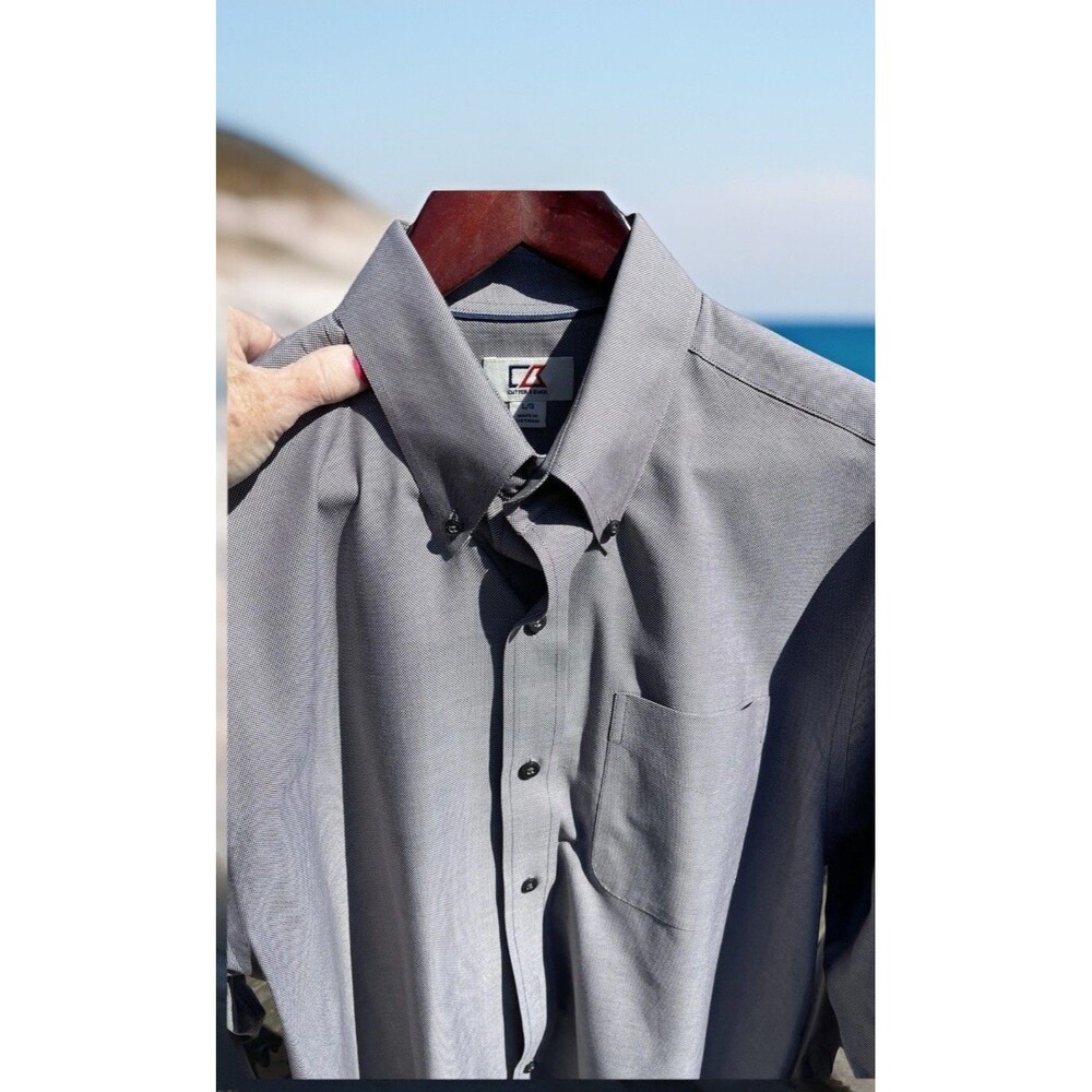 Cutter & Buck Button Down Tiny Geometric Gray White Pocket w Dry Clean Tag Large
